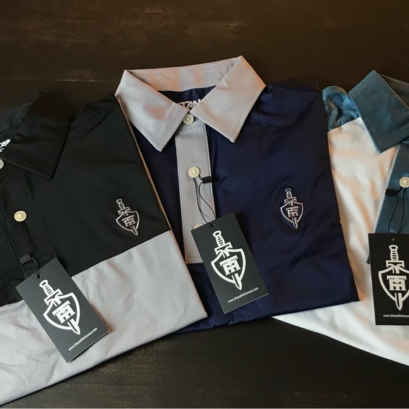 Titan athletics navy and gray golf polos. Sizes XXL, XL, L, M, S.ALL NWT. - Picture 2 of 5